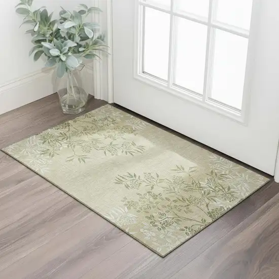 Khaki Green And Ivory Floral Washable Area Rug With UV Protection Photo 1