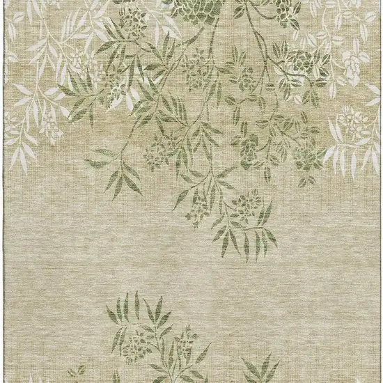 Khaki Green And Ivory Floral Washable Area Rug With UV Protection Photo 4