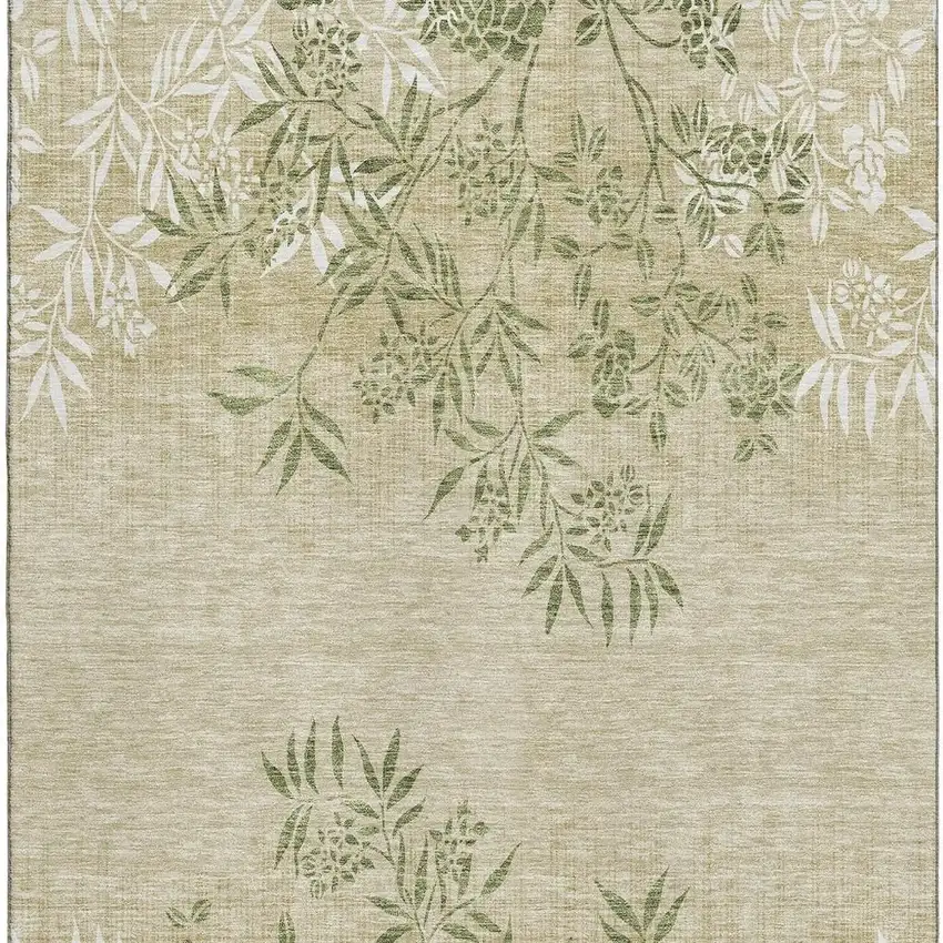 Khaki Green And Ivory Floral Washable Area Rug With UV Protection Photo 4
