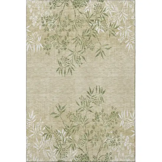 Khaki Green And Ivory Floral Washable Area Rug With UV Protection Photo 3