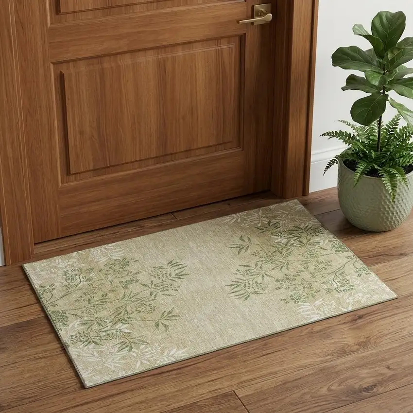 Khaki Green And Ivory Floral Washable Area Rug With UV Protection Photo 1