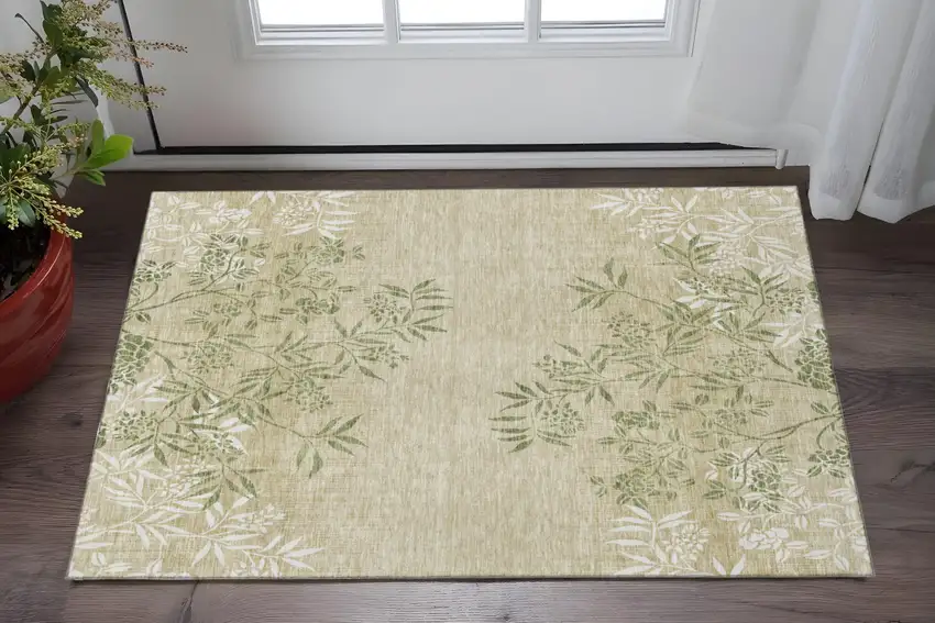 Khaki Green And Ivory Floral Washable Area Rug With UV Protection Photo 2