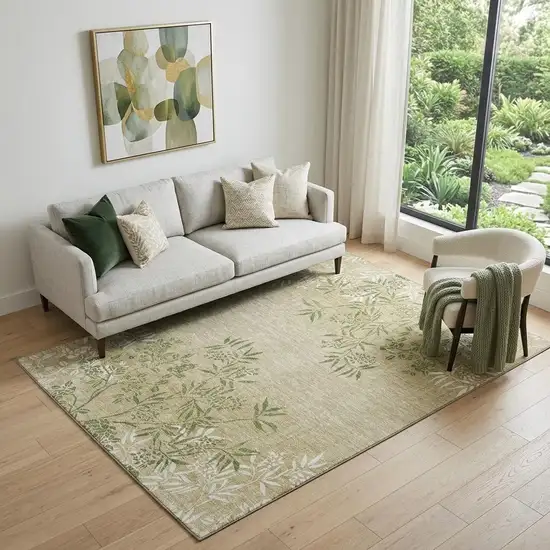 Khaki Green And Ivory Floral Washable Area Rug With UV Protection Photo 1