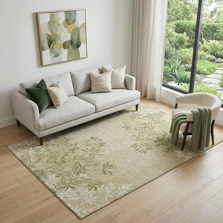 Khaki Green And Ivory Floral Washable Area Rug With UV Protection Photo 1