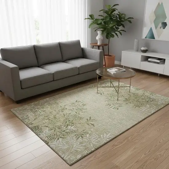 Khaki Green And Ivory Floral Washable Area Rug With UV Protection Photo 1