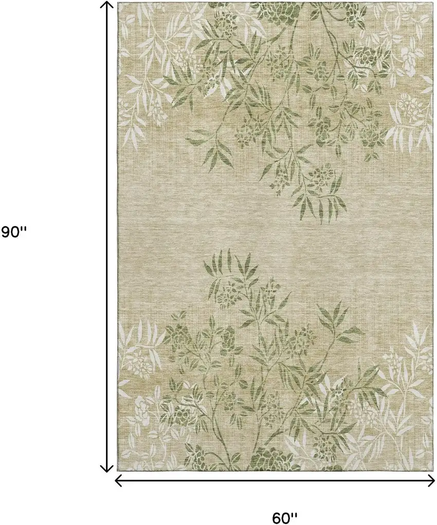 Khaki Green And Ivory Floral Washable Area Rug With UV Protection Photo 3