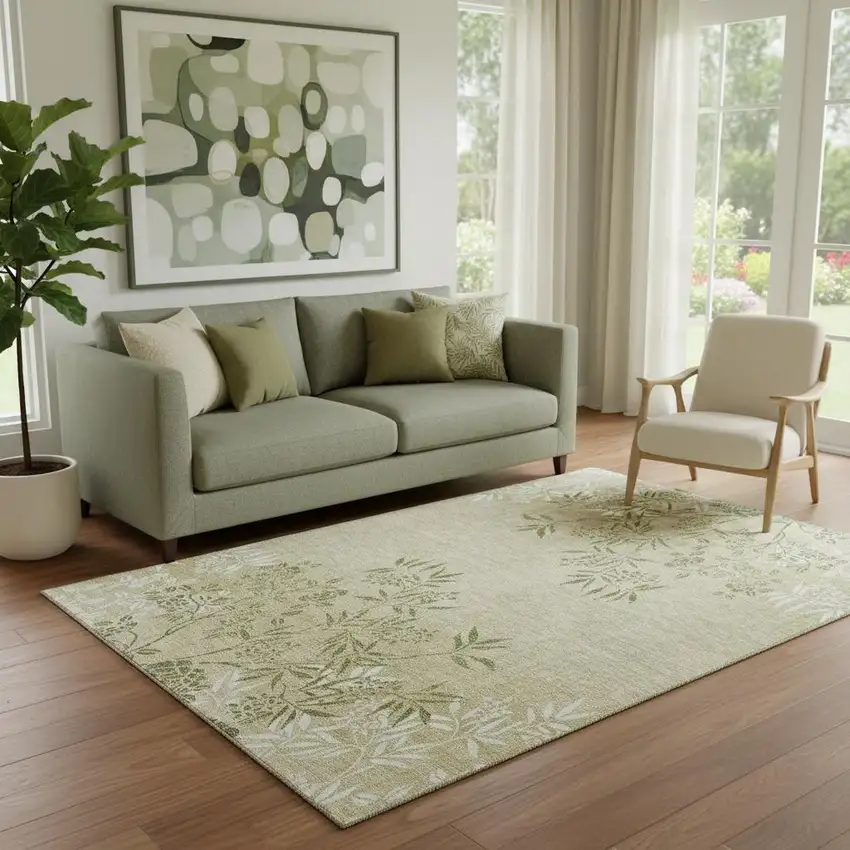 Khaki Green And Ivory Floral Washable Area Rug With UV Protection Photo 1