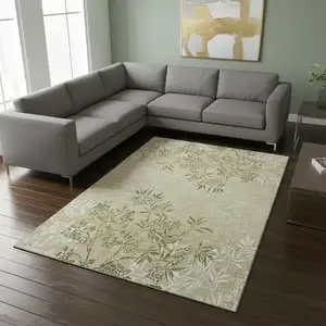Photo of Khaki Green And Ivory Floral Washable Area Rug With UV Protection