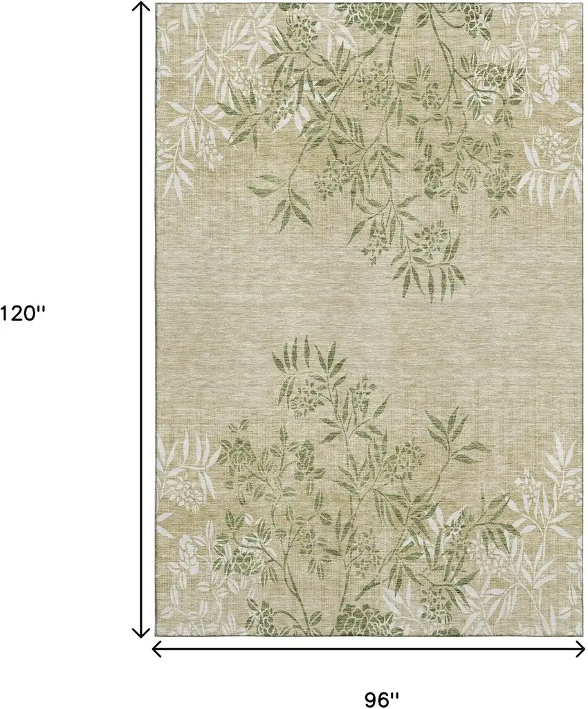 Khaki Green And Ivory Floral Washable Area Rug With UV Protection Photo 3