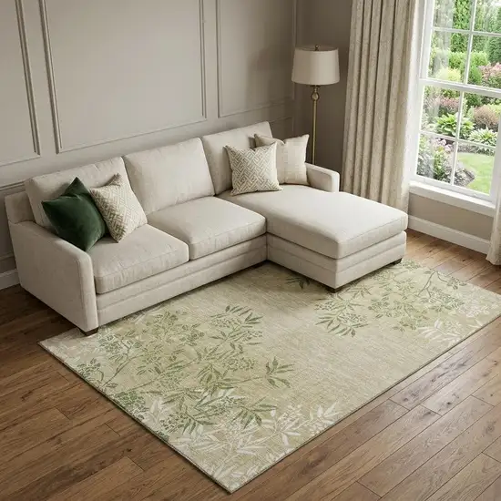 Khaki Green And Ivory Floral Washable Area Rug With UV Protection Photo 1