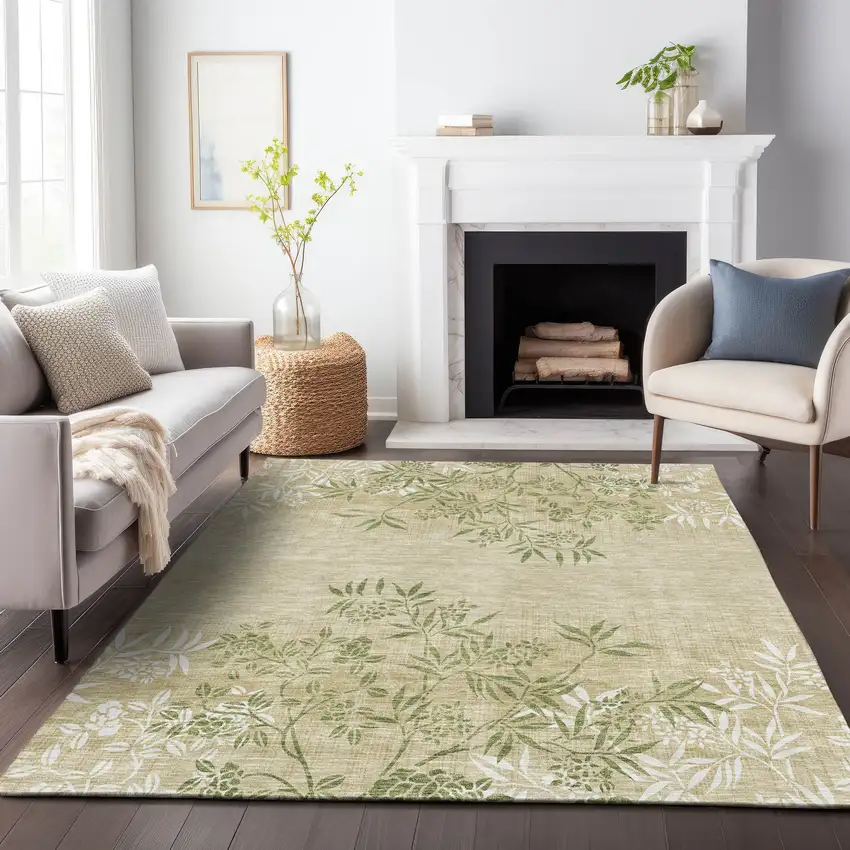 Khaki Green And Ivory Floral Washable Area Rug With UV Protection Photo 5