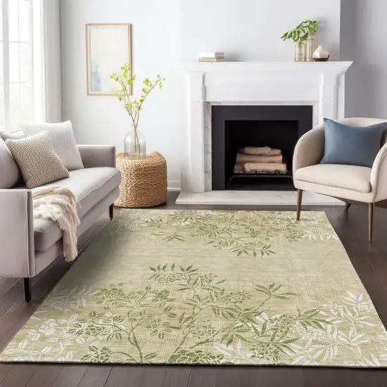 Khaki Green And Ivory Floral Washable Area Rug With UV Protection Photo 5