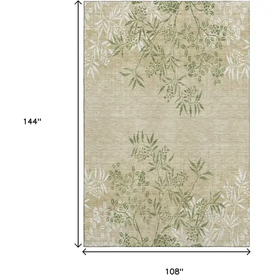 Khaki Green And Ivory Floral Washable Area Rug With UV Protection Photo 3