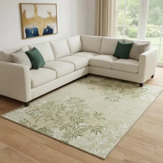 Khaki Green And Ivory Floral Washable Area Rug With UV Protection Photo 1