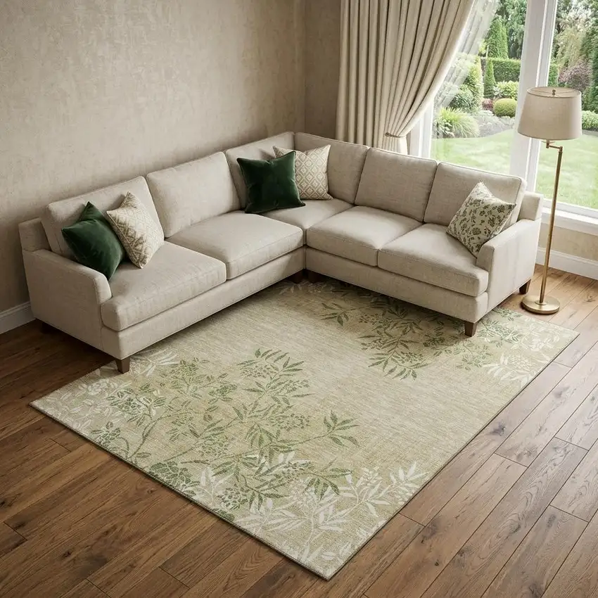 Khaki Green And Ivory Floral Washable Area Rug With UV Protection Photo 1