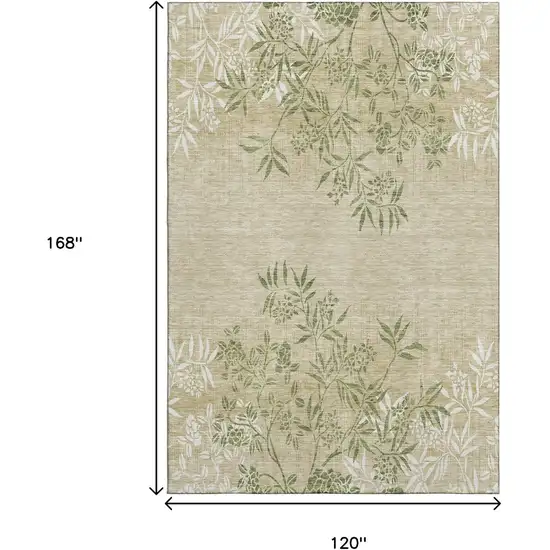 Khaki Green And Ivory Floral Washable Area Rug With UV Protection Photo 3