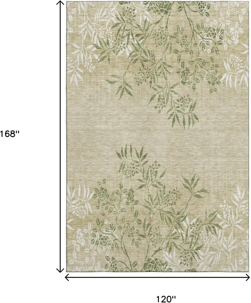 Khaki Green And Ivory Floral Washable Area Rug With UV Protection Photo 3