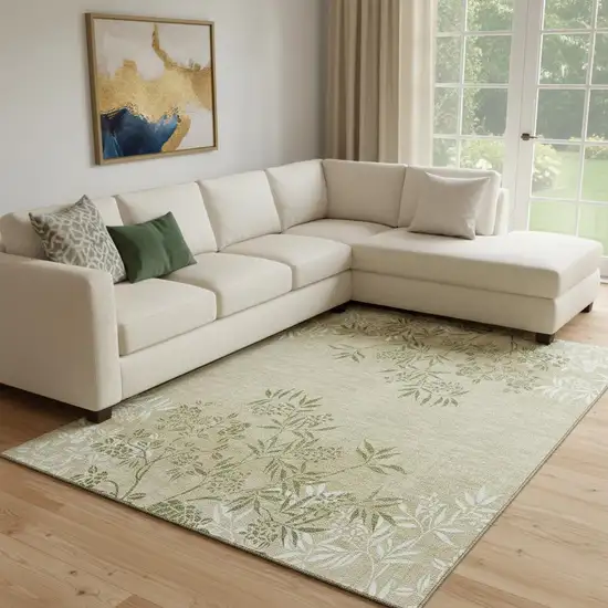 Khaki Green And Ivory Floral Washable Area Rug With UV Protection Photo 1