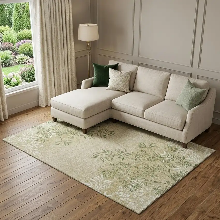 Khaki Green And Ivory Floral Washable Area Rug With UV Protection Photo 1