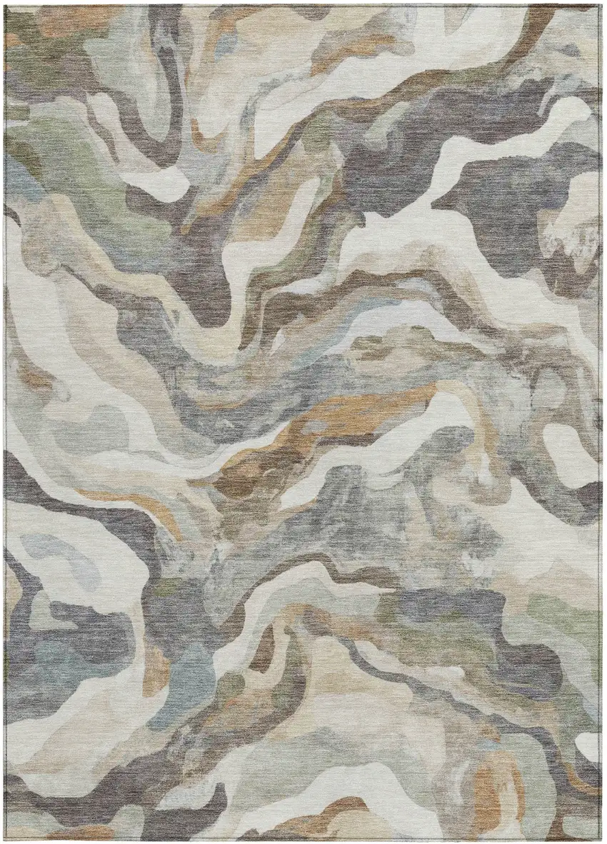 Khaki Ivory And Beige Abstract Washable Indoor Outdoor Area Rug Photo 3