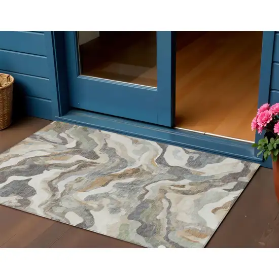 Khaki Ivory And Beige Abstract Washable Indoor Outdoor Area Rug Photo 2