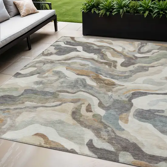 Khaki Ivory And Beige Abstract Washable Indoor Outdoor Area Rug Photo 2