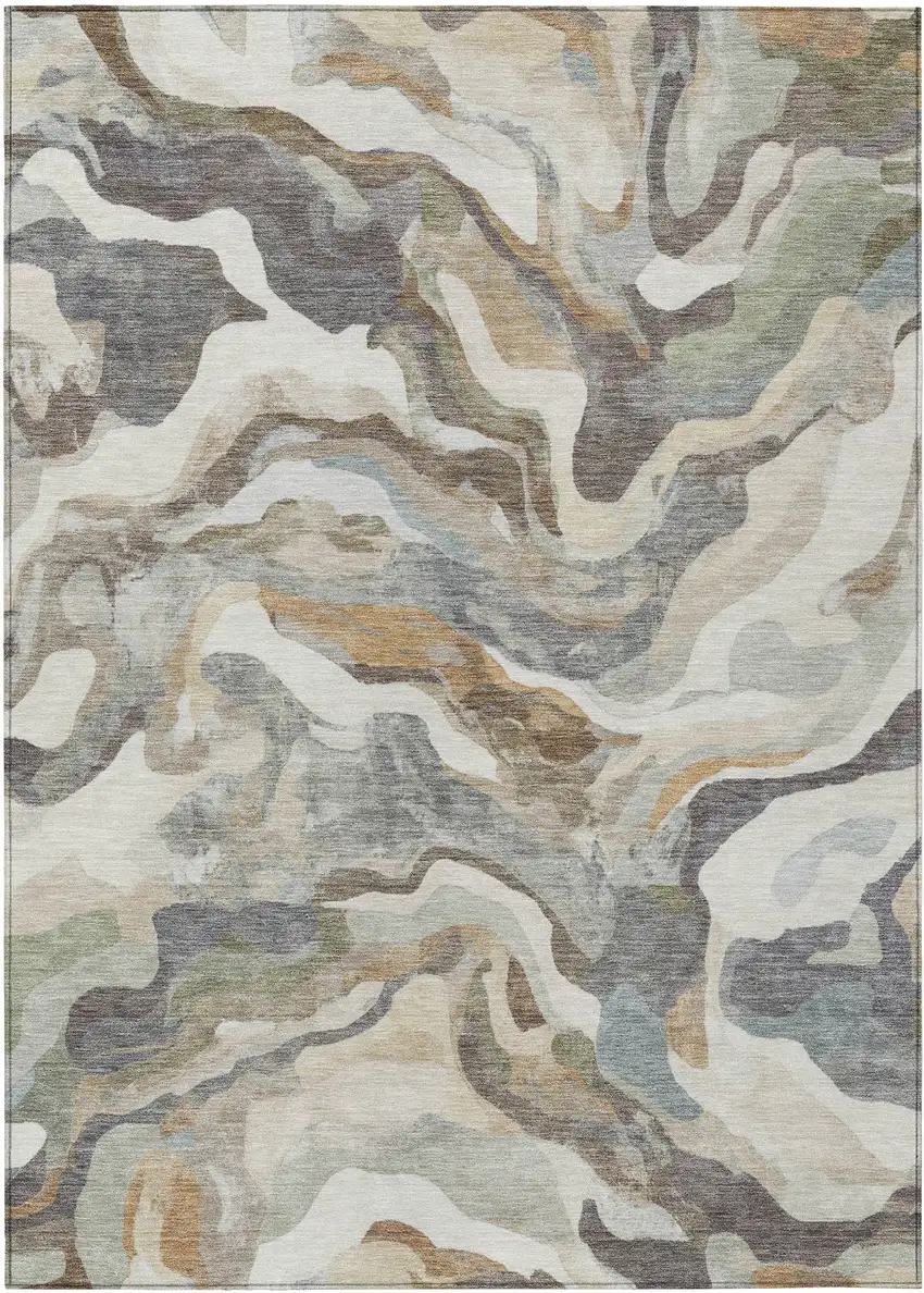 Khaki Ivory And Beige Abstract Washable Indoor Outdoor Area Rug Photo 1