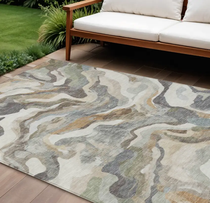 Khaki Ivory And Beige Abstract Washable Indoor Outdoor Area Rug Photo 2