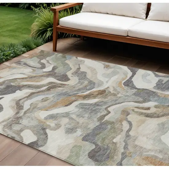 Khaki Ivory And Beige Abstract Washable Indoor Outdoor Area Rug Photo 2