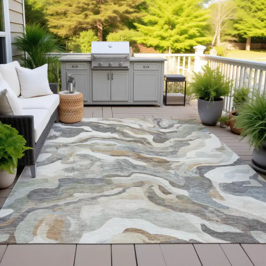 Khaki Ivory And Beige Abstract Washable Indoor Outdoor Area Rug Photo 8