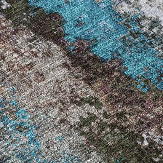 Khaki Ivory And Blue Abstract Washable Indoor Outdoor Area Rug Photo 6