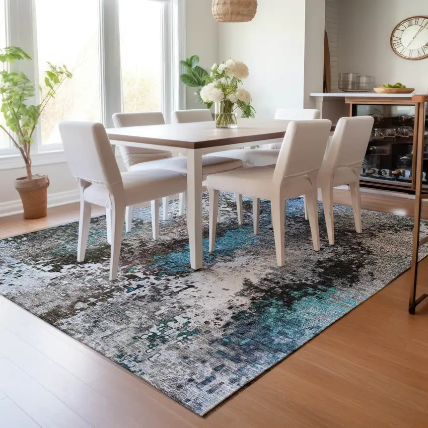 Khaki Ivory And Blue Abstract Washable Indoor Outdoor Area Rug Photo 9