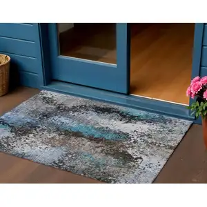 Photo of Khaki Ivory And Blue Abstract Washable Indoor Outdoor Area Rug