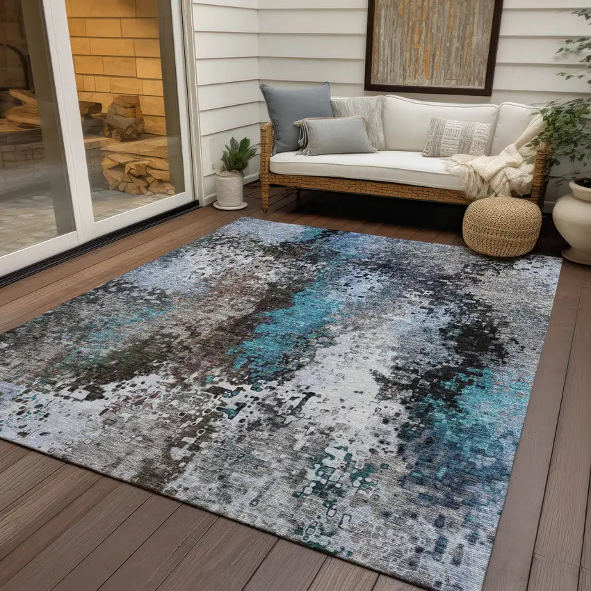 Khaki Ivory And Blue Abstract Washable Indoor Outdoor Area Rug Photo 9
