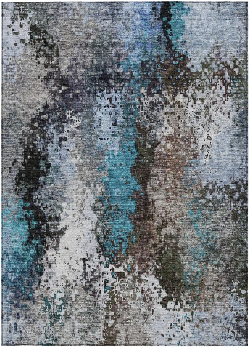 Khaki Ivory And Blue Abstract Washable Indoor Outdoor Area Rug Photo 4