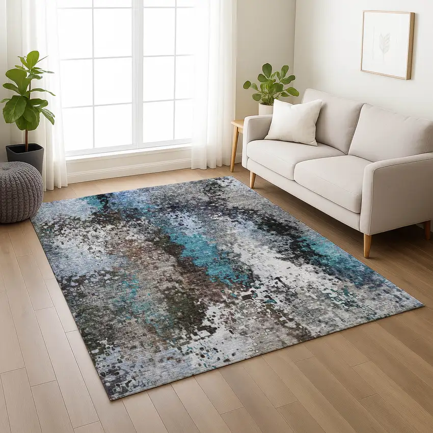 Khaki Ivory And Blue Abstract Washable Indoor Outdoor Area Rug Photo 8