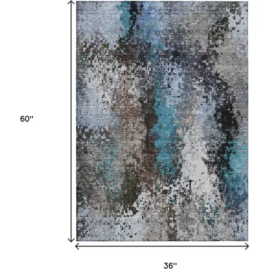 Khaki Ivory And Blue Abstract Washable Indoor Outdoor Area Rug Photo 3