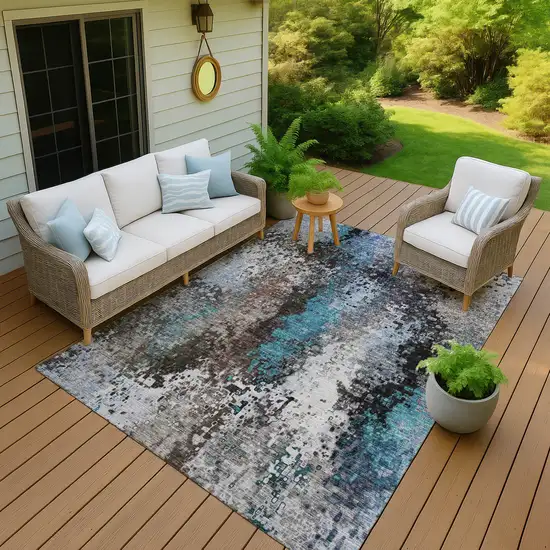 Khaki Ivory And Blue Abstract Washable Indoor Outdoor Area Rug Photo 7