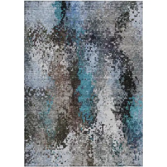 Khaki Ivory And Blue Abstract Washable Indoor Outdoor Area Rug Photo 2
