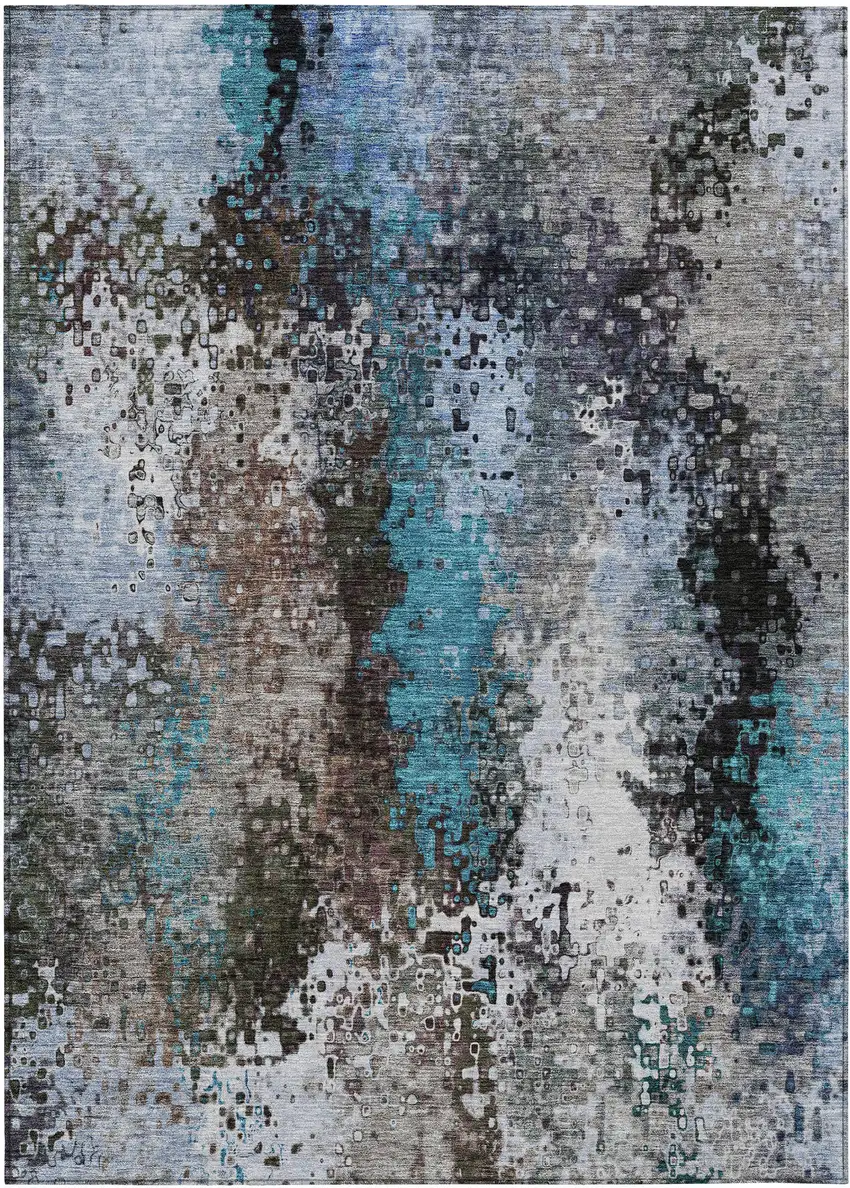 Khaki Ivory And Blue Abstract Washable Indoor Outdoor Area Rug Photo 2