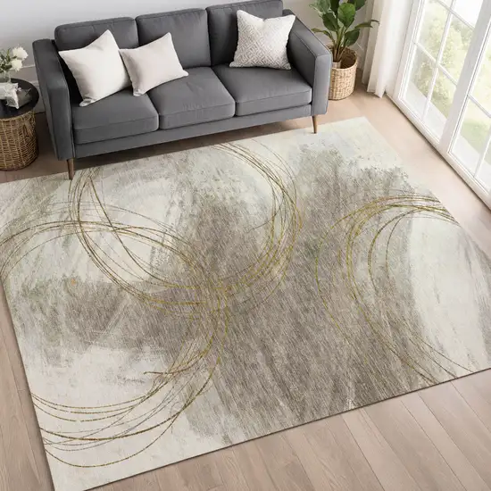 Khaki Ivory And Brown Abstract Washable Indoor Outdoor Area Rug Photo 4