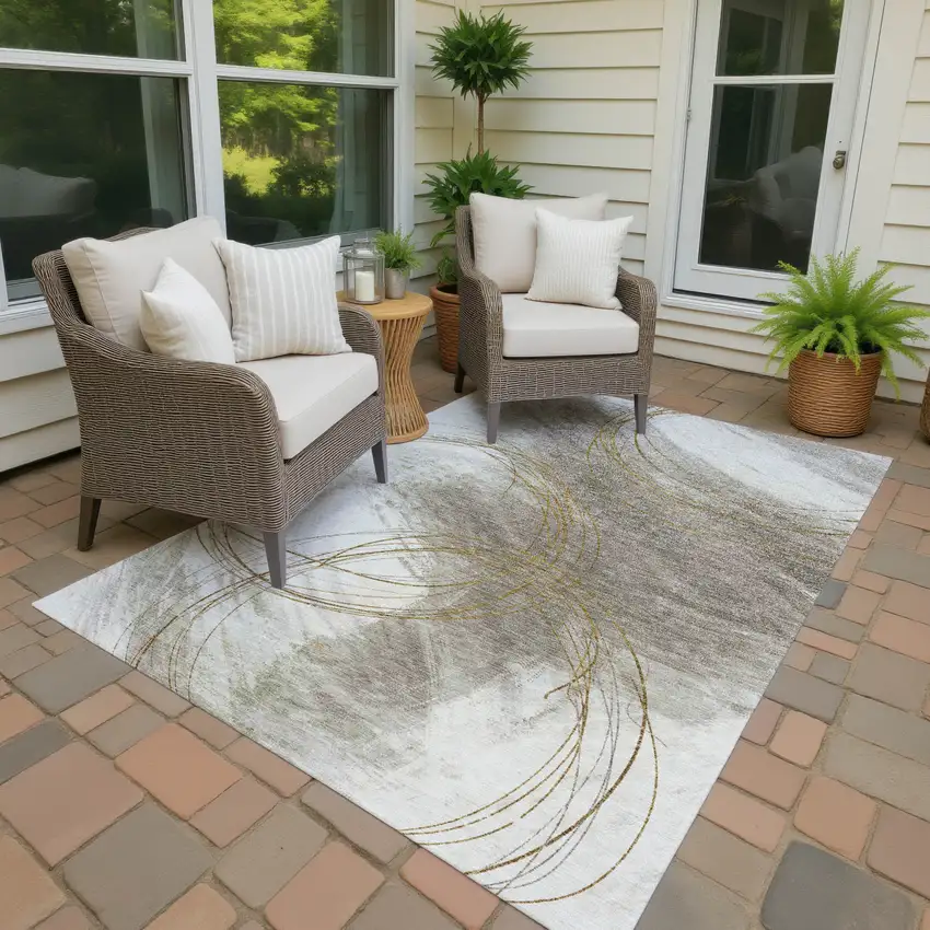 Khaki Ivory And Brown Abstract Washable Indoor Outdoor Area Rug Photo 3