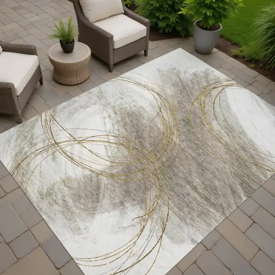 Khaki Ivory And Brown Abstract Washable Indoor Outdoor Area Rug Photo 6