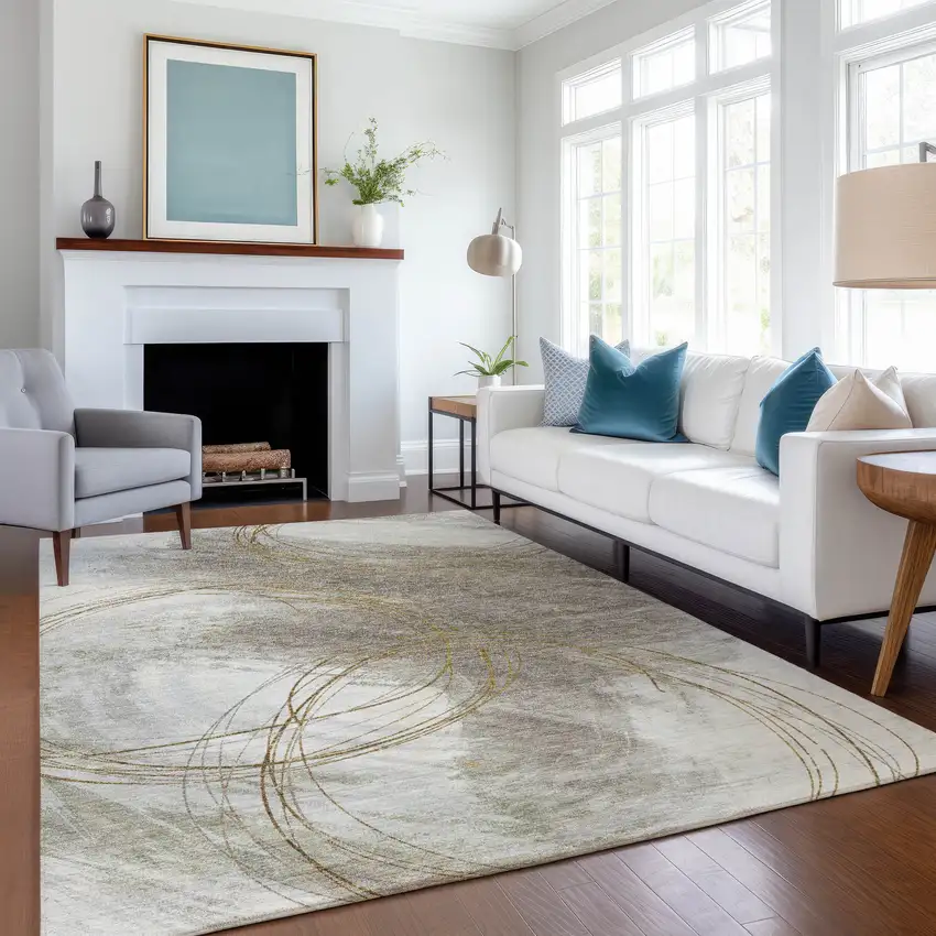 Khaki Ivory And Brown Abstract Washable Indoor Outdoor Area Rug Photo 5