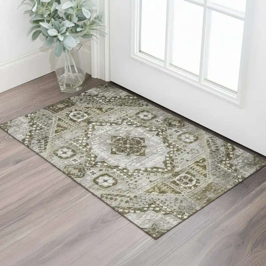 Khaki Ivory And Brown Diamond Washable Area Rug With UV Protection Photo 2