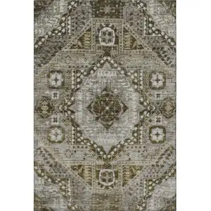 Photo of Khaki Ivory And Brown Diamond Washable Area Rug With UV Protection
