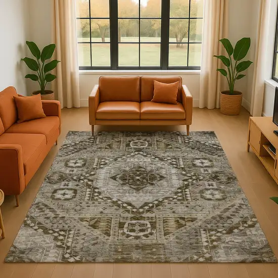 Khaki Ivory And Brown Diamond Washable Area Rug With UV Protection Photo 4