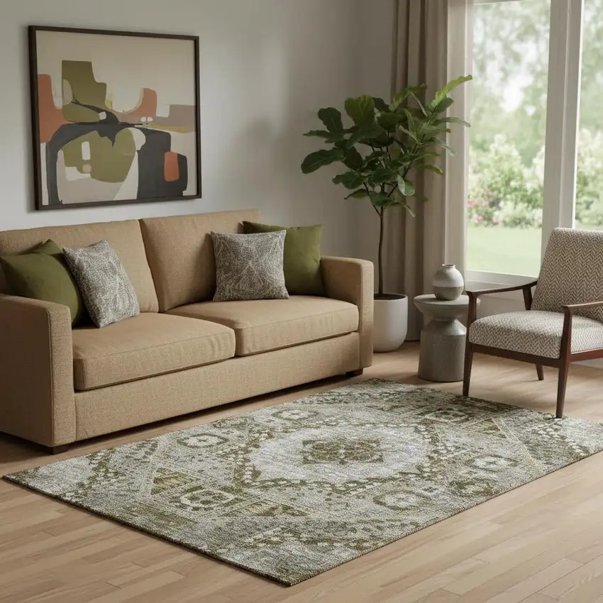 Khaki Ivory And Brown Diamond Washable Area Rug With UV Protection Photo 2