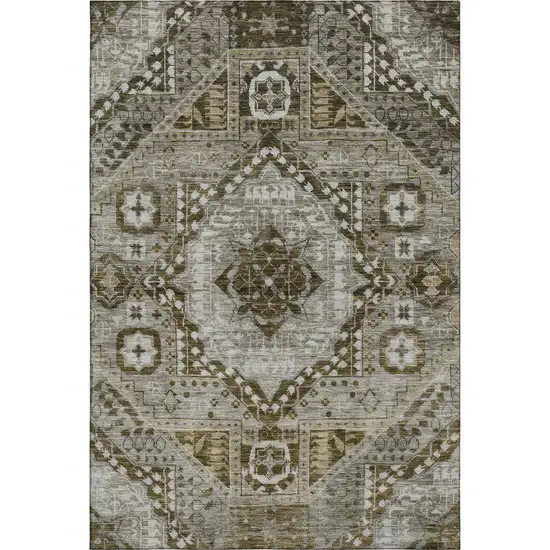 Khaki Ivory And Brown Diamond Washable Area Rug With UV Protection Photo 1