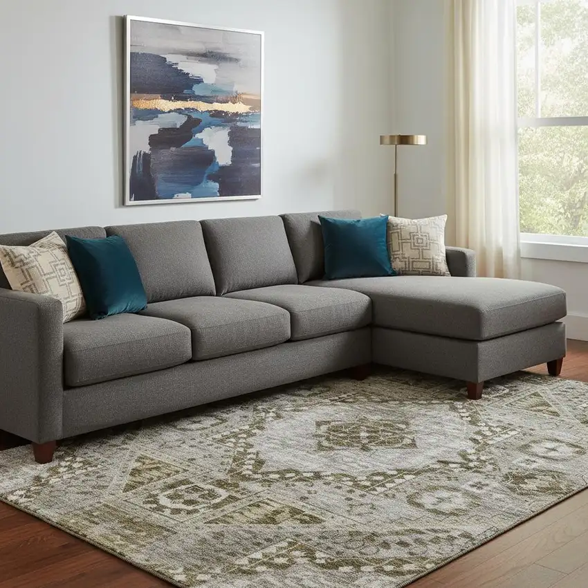 Khaki Ivory And Brown Diamond Washable Area Rug With UV Protection Photo 2